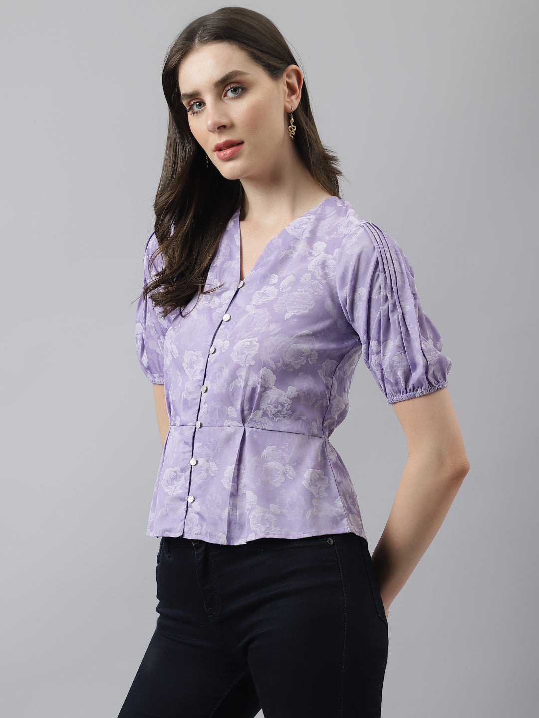 Lilac Flower Print Peplum Top With Front Buttons & Puffer Sleeves