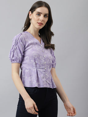 Lilac Flower Print Peplum Top With Front Buttons & Puffer Sleeves