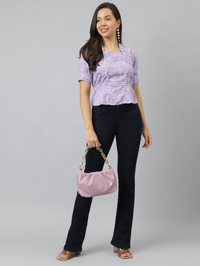 Purple Floral Printed Square Neck With Puffed Sleeve Top