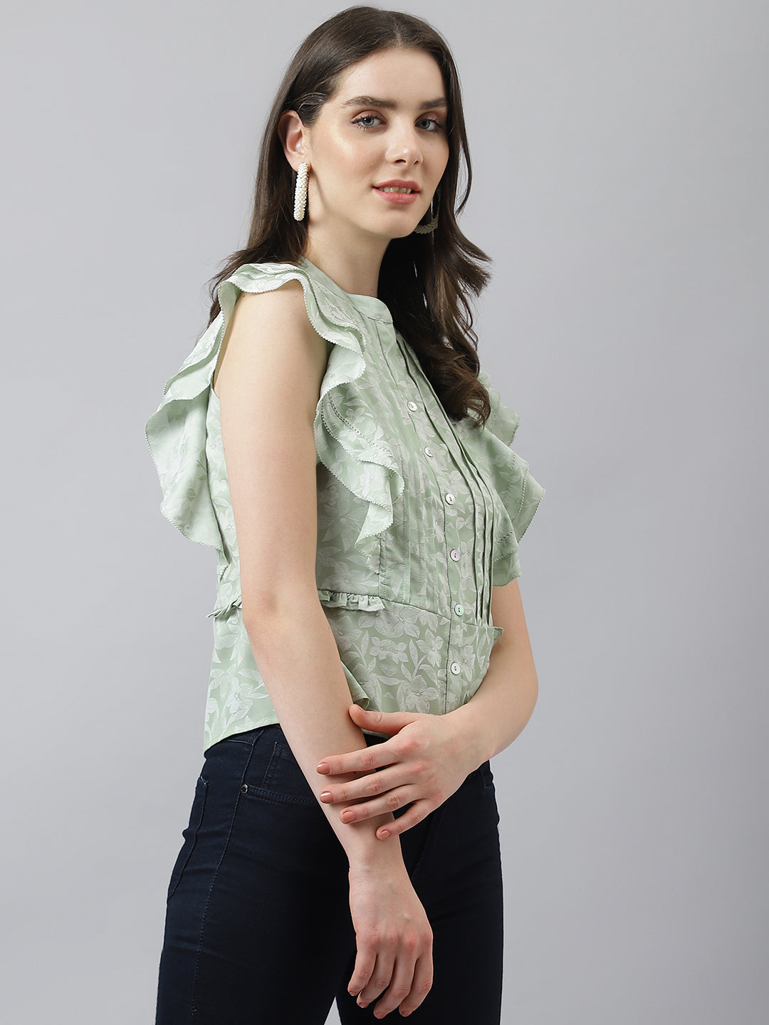 Green Floral Print Top With Front Buttons & Ruffles