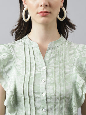 Green Floral Print Top With Front Buttons & Ruffles