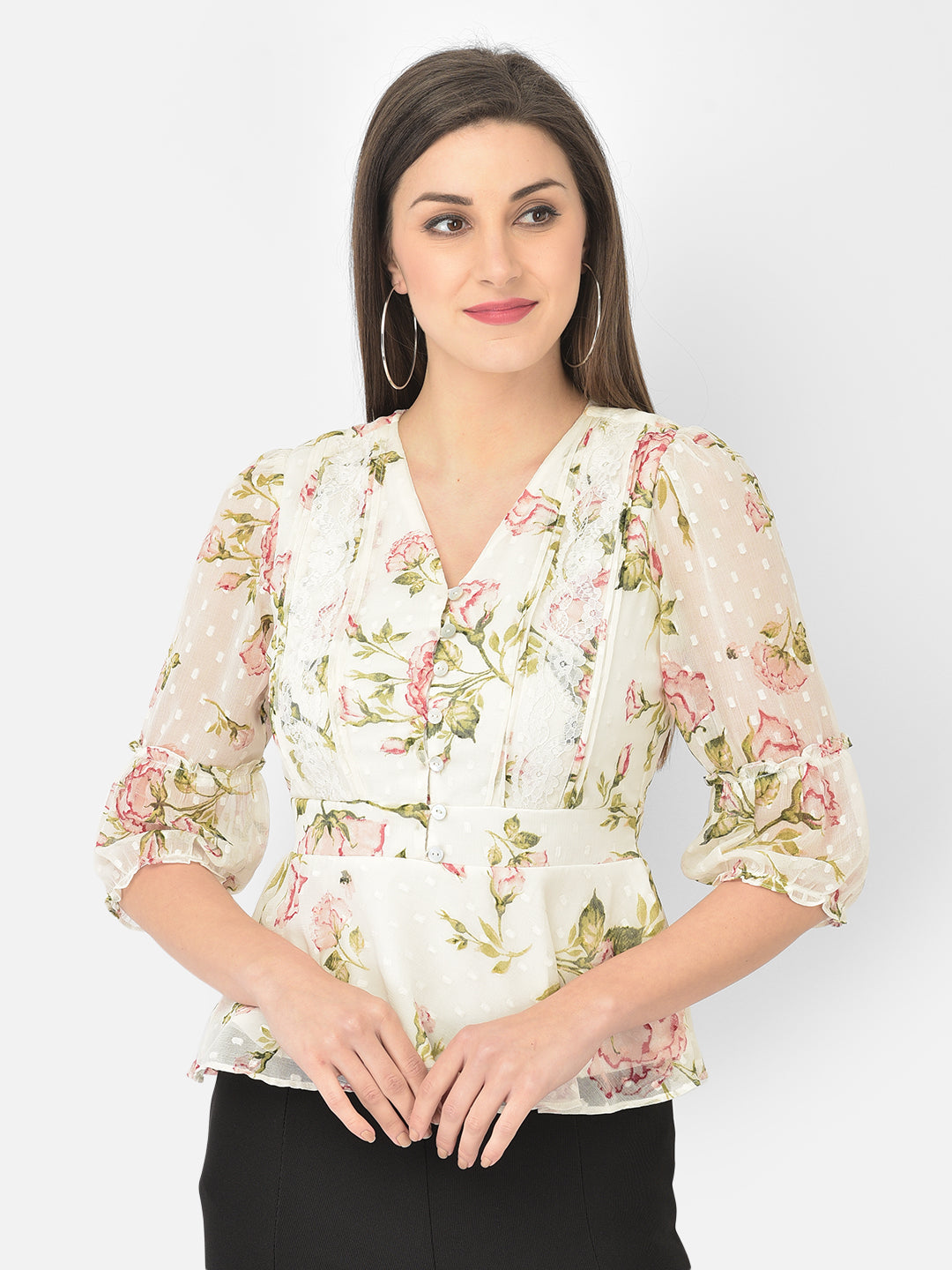 Ivory Floral Printed V-Neck With Puffer Sleeves Peplum Top