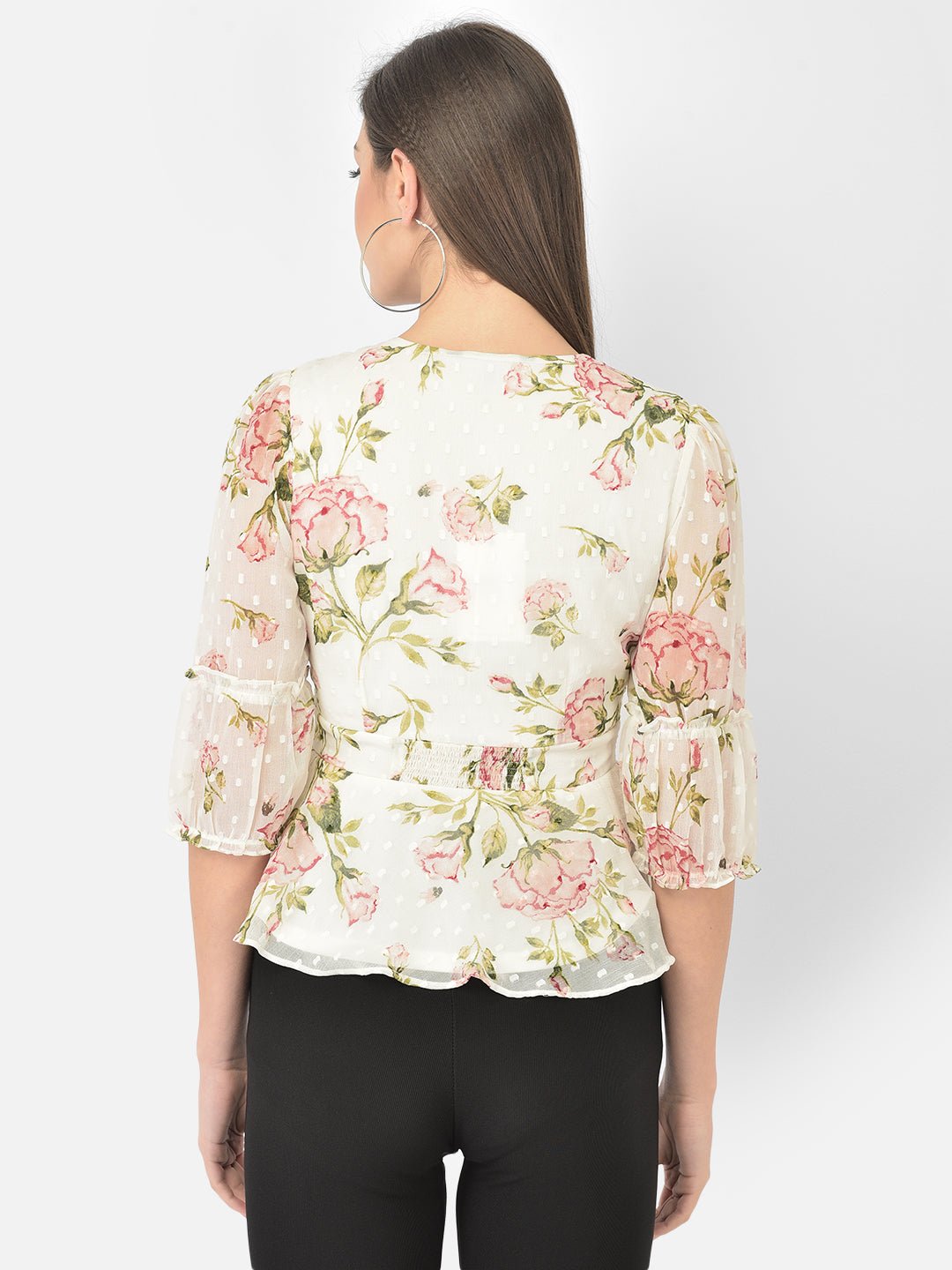 Ivory Floral Printed V-Neck With Puffer Sleeves Peplum Top