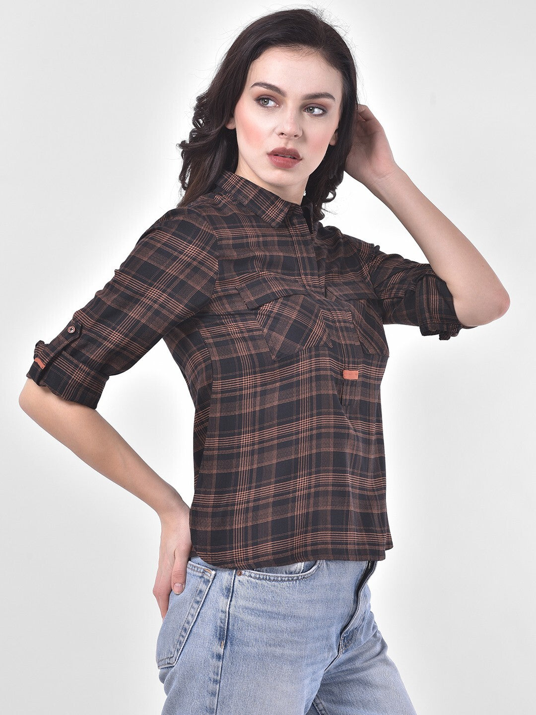 Brown 3/4 Sleeve Colorblocked Blouse