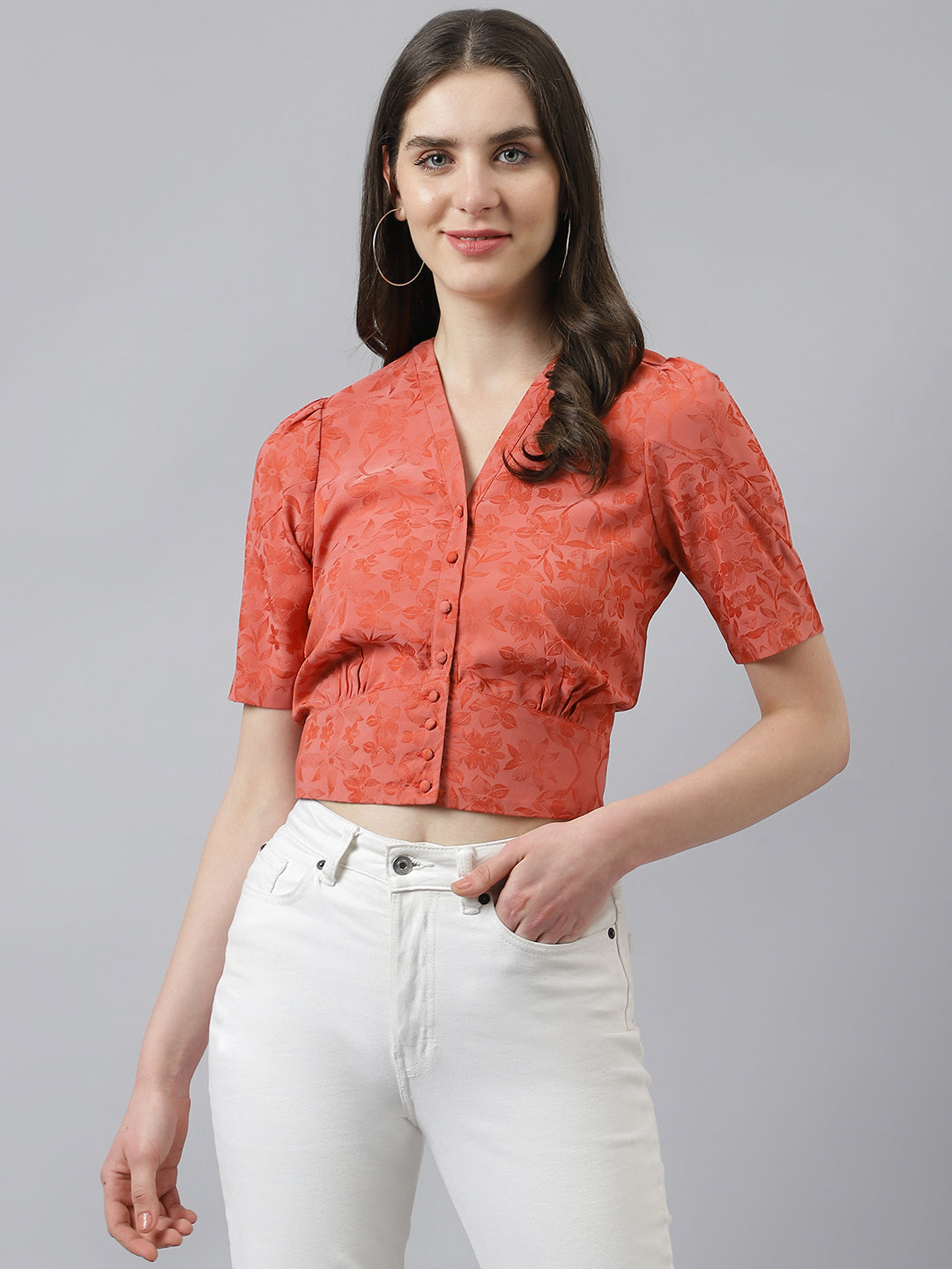 Red Self Printed Floral Top With Front Buttons