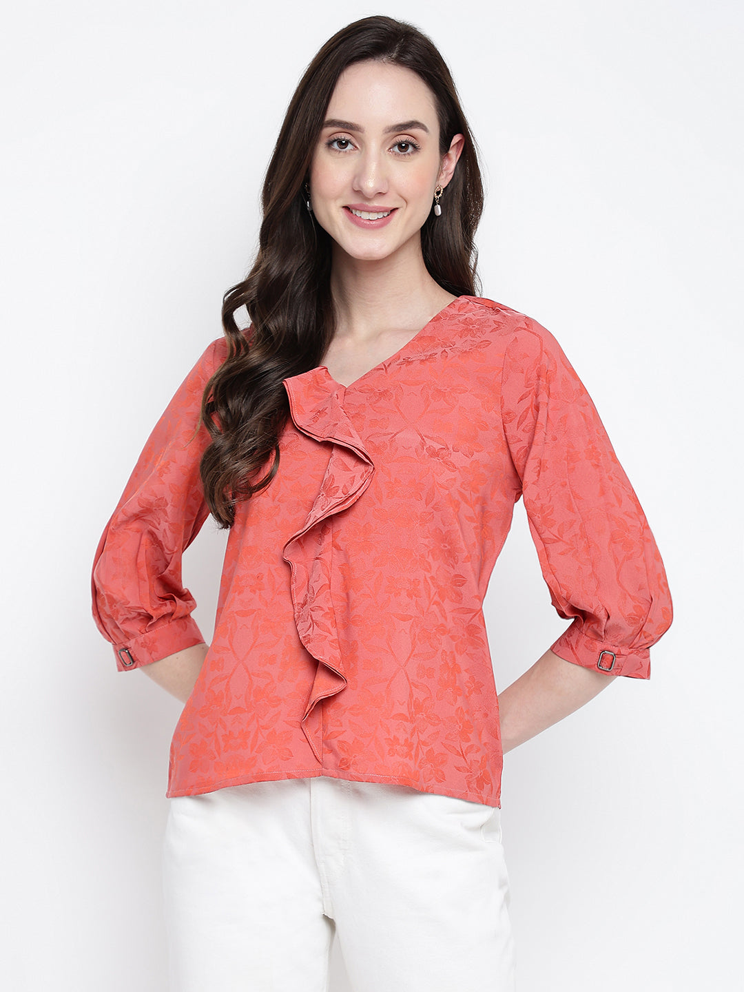 Red 3/4 Sleeve Solid Blouse Blouse