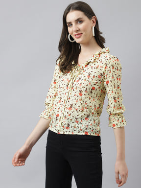 Yellow Printed Top With Ruffles