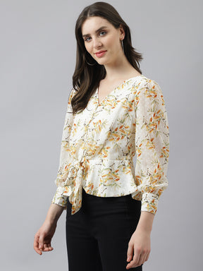 Orange Printed Top With Long Sleeves And Front Knot