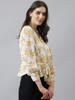 Orange Printed Top With Long Sleeves And Front Knot