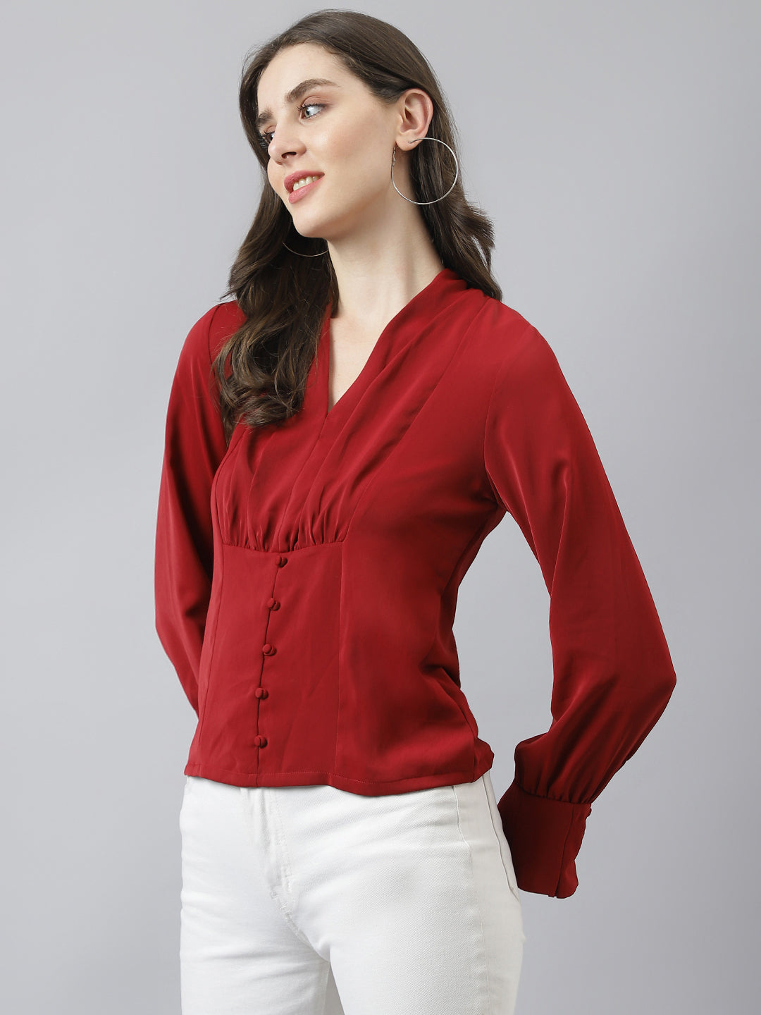 Maroon Solid V Neck Top With Long Puffer Sleeves
