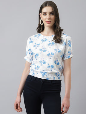 White Floral Print Top With Short Sleeves