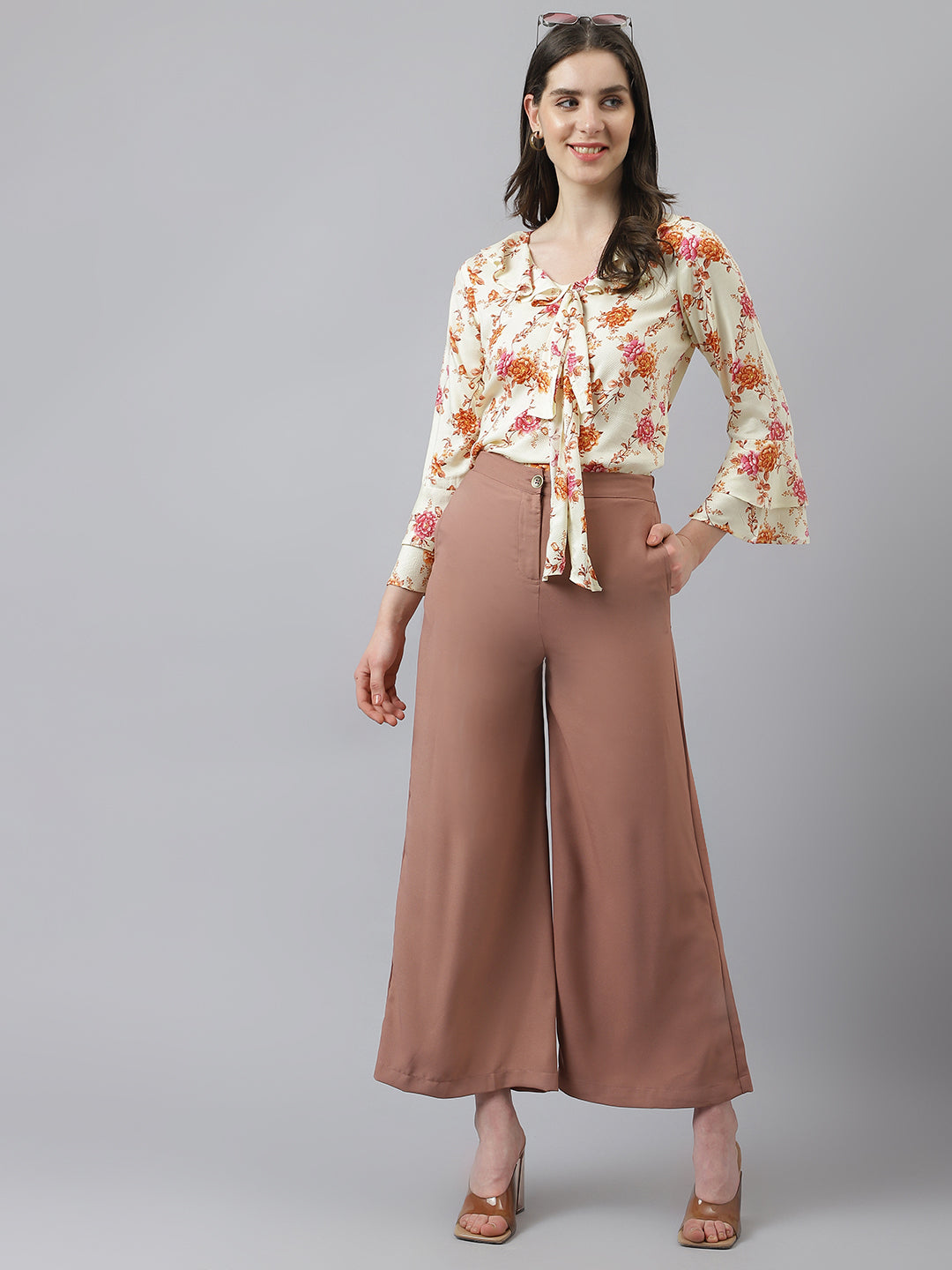 Flower Print Bell Sleeves Top With Front Knot