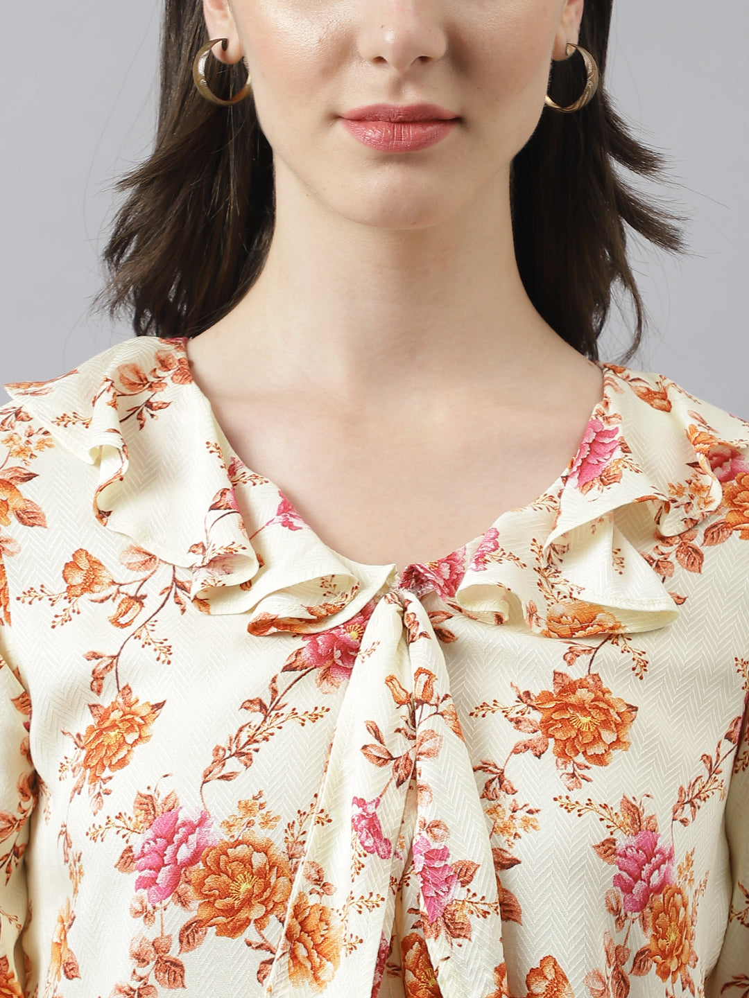 Flower Print Bell Sleeves Top With Front Knot