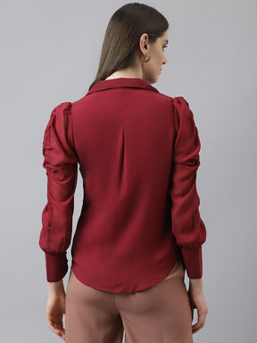 Maroon Shirt Top With Long Puffer Sleeves & Buttons