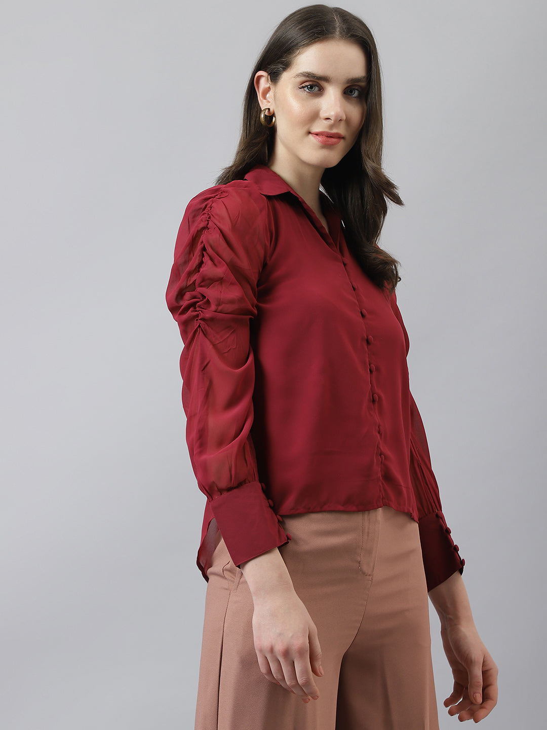 Maroon Shirt Top With Long Puffer Sleeves & Buttons