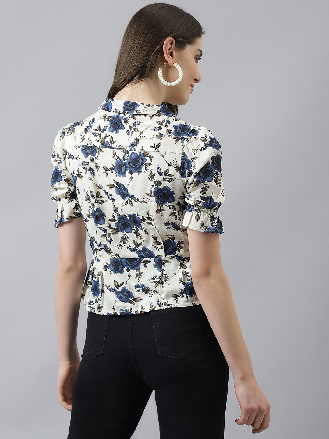 Ivory Floral Print Pelum Top With Puffer Sleeves