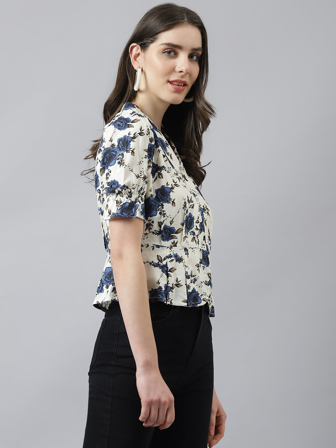 Ivory Floral Print Pelum Top With Puffer Sleeves