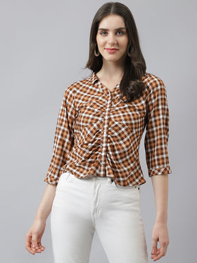Brown Check Top With Collred Neck