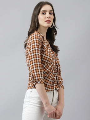 Brown Check Top With Collred Neck