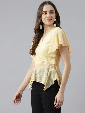 Yellow Solid V-Neck With Cap Sleeves Wrap Top
