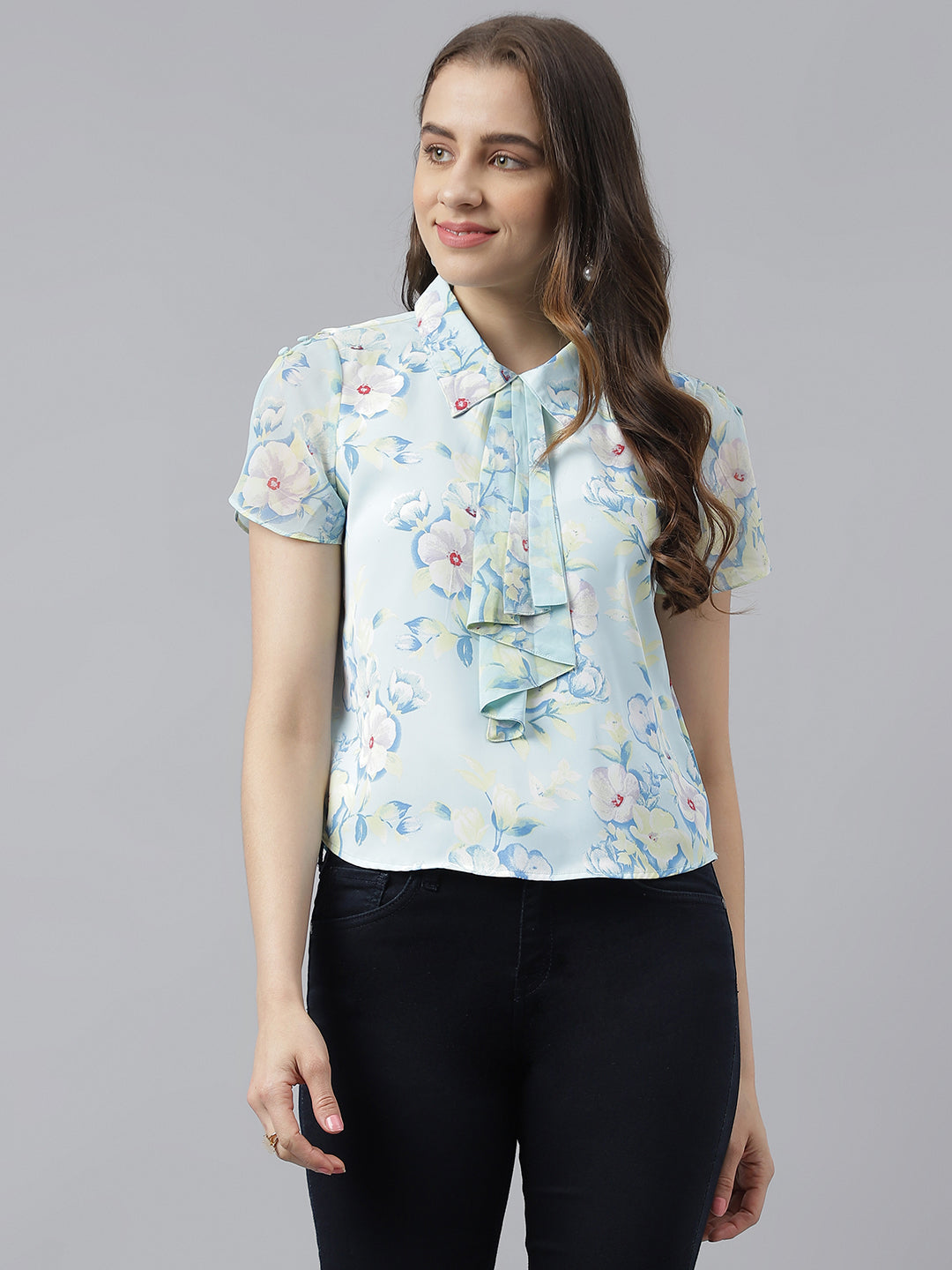 Blue Floral Printed Cap Sleeves Shirt Top With Tie Up Neck
