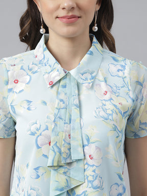 Blue Floral Printed Cap Sleeves Shirt Top With Tie Up Neck