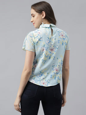 Blue Floral Printed Cap Sleeves Shirt Top With Tie Up Neck