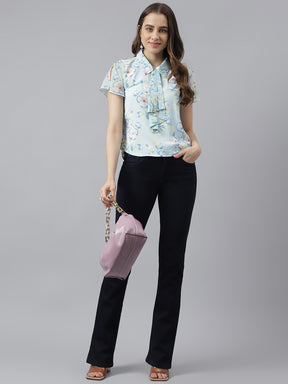 Blue Floral Printed Cap Sleeves Shirt Top With Tie Up Neck