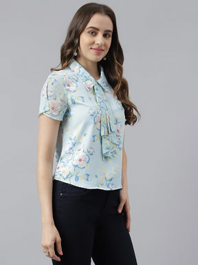 Blue Floral Printed Cap Sleeves Shirt Top With Tie Up Neck