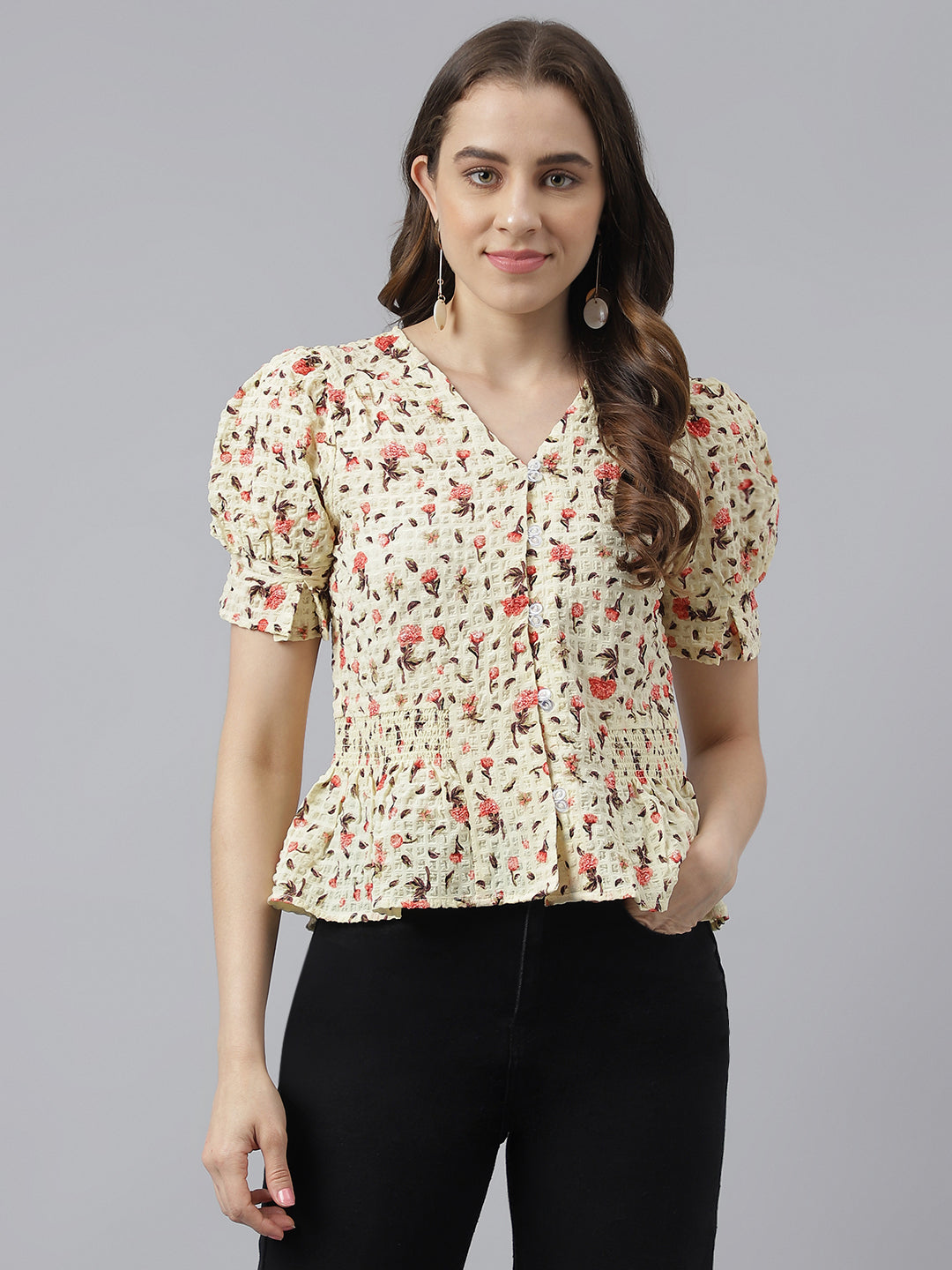 Yellow Floral Printed V-Neck With Puffer Sleeve Peplum Top