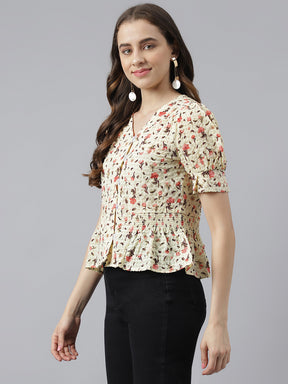 Yellow Floral Printed V-Neck With Puffer Sleeve Peplum Top