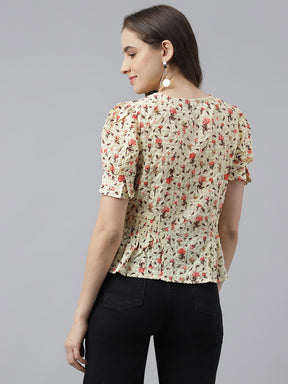 Yellow Floral Printed V-Neck With Puffer Sleeve Peplum Top