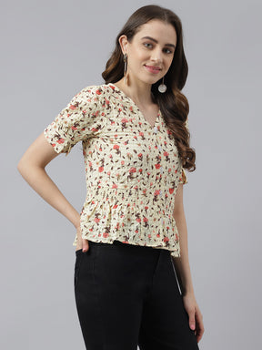 Yellow Floral Printed V-Neck With Puffer Sleeve Peplum Top