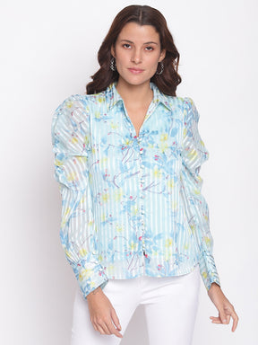 Blue Floral Print Collered Neck with Puffer Sleeve Shirt Top