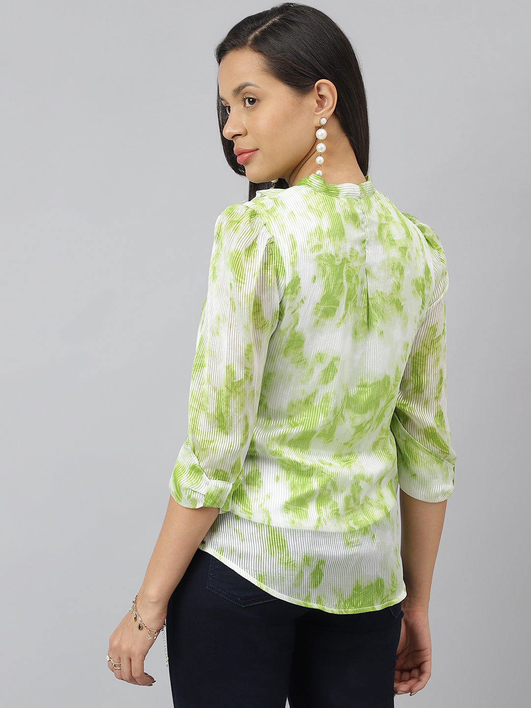 Green Printed Puffer Sleeve With Tie Up Neck Shirt Top