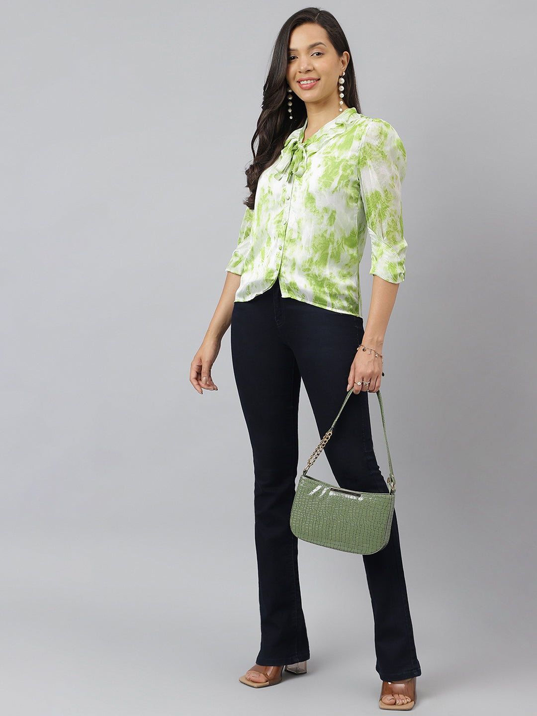 Green Printed Puffer Sleeve With Tie Up Neck Shirt Top