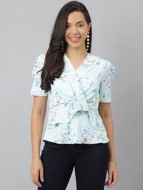 Blue Floral Printed V Neck With Puffed Sleeve Peplum Top