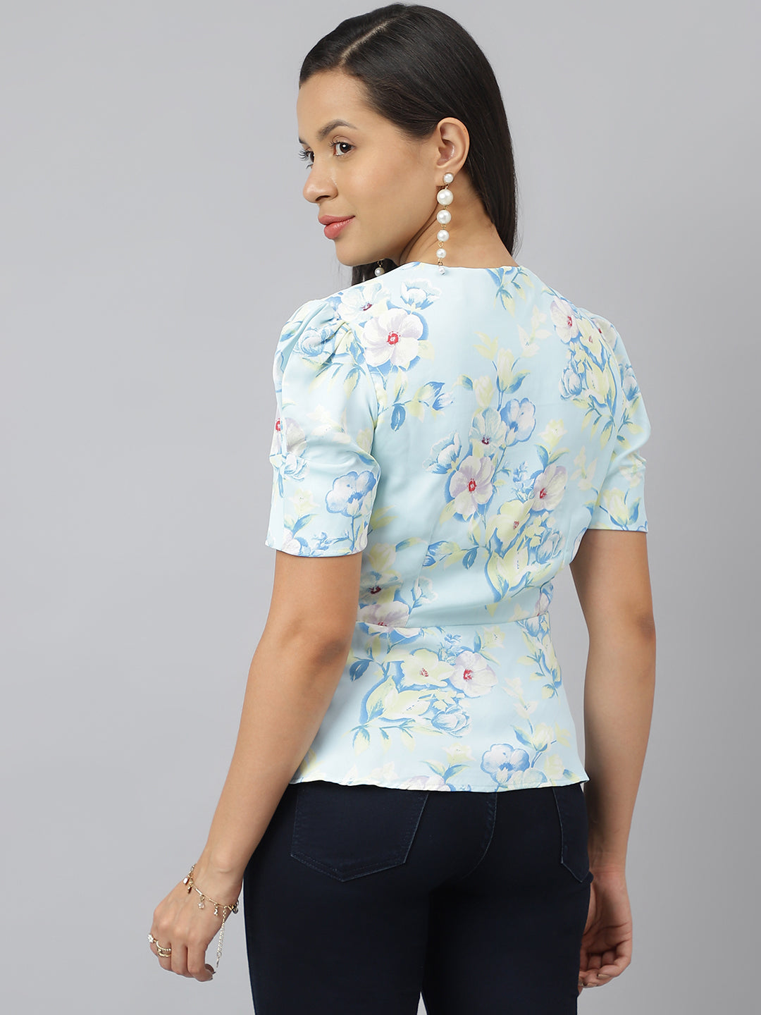 Blue Floral Printed V Neck With Puffed Sleeve Peplum Top