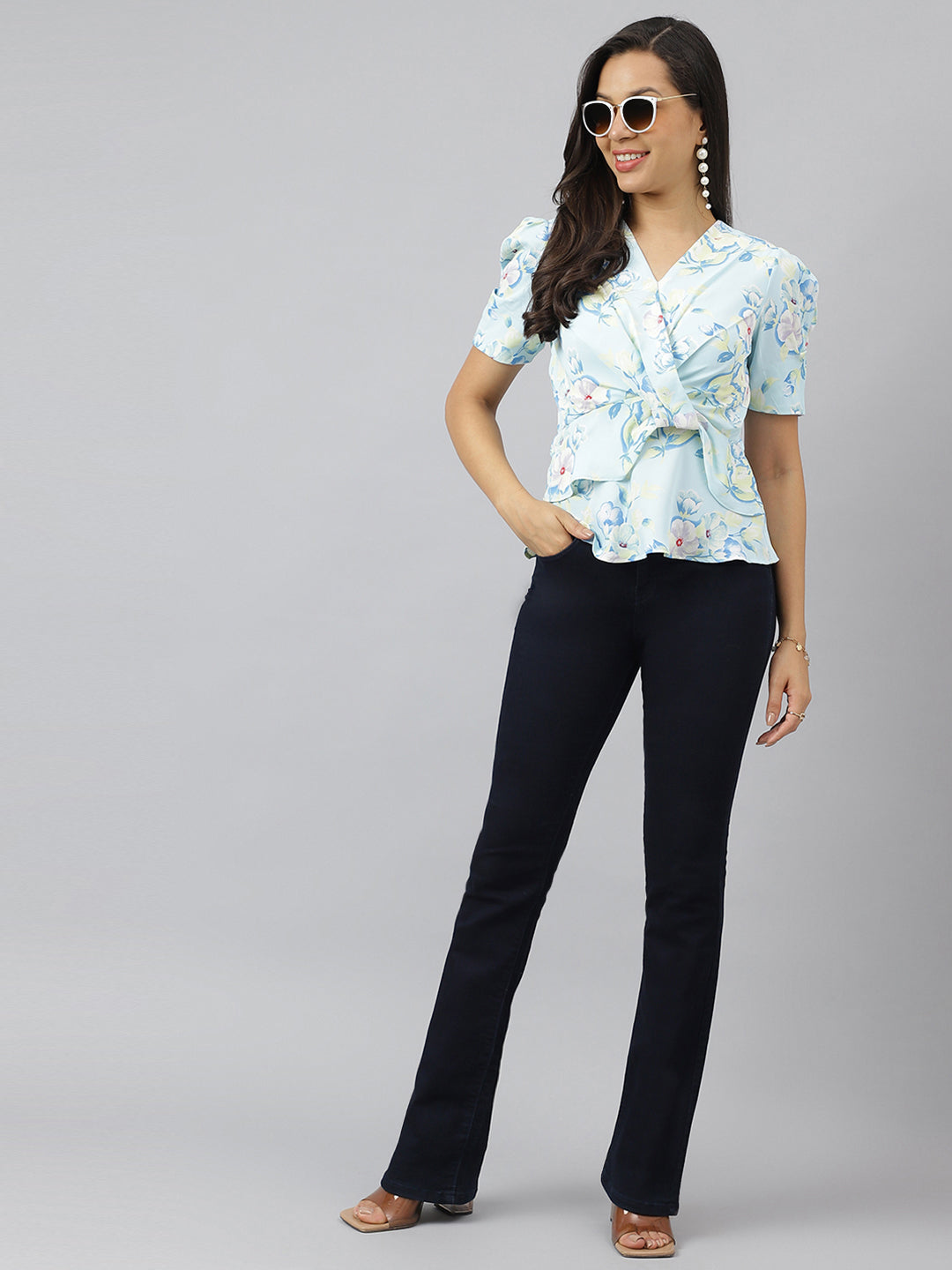 Blue Floral Printed V Neck With Puffed Sleeve Peplum Top