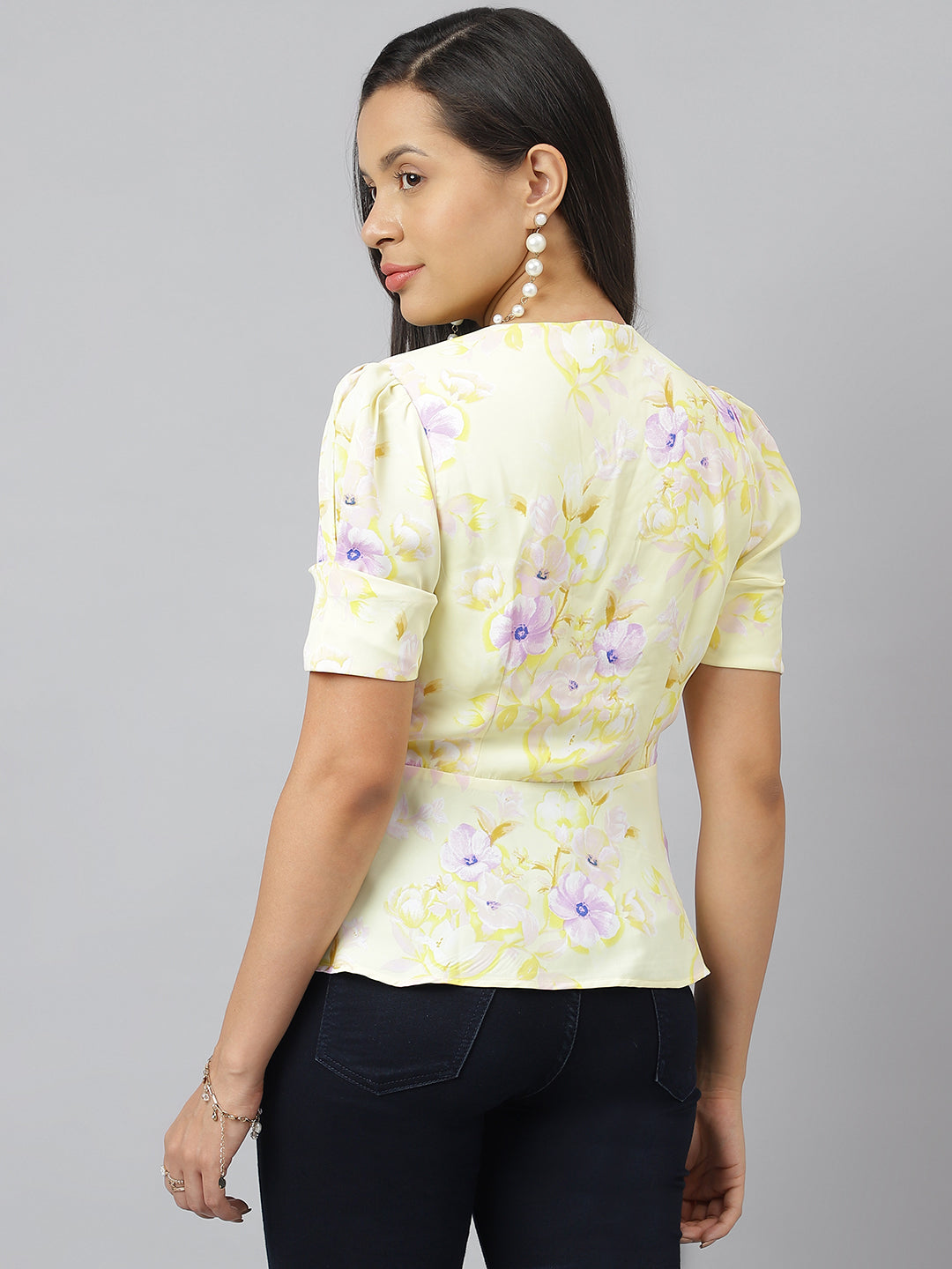Yellow Floral Printed V Neck With Puffed Sleeve Peplum Top