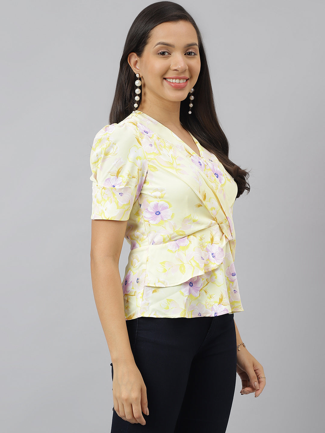 Yellow Floral Printed V Neck With Puffed Sleeve Peplum Top