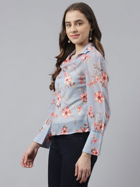 Blue Floral Printed Cowl Coller With Puffer Sleeves Cowl Top