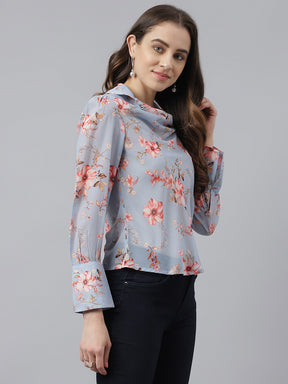 Blue Floral Printed Cowl Coller With Puffer Sleeves Cowl Top