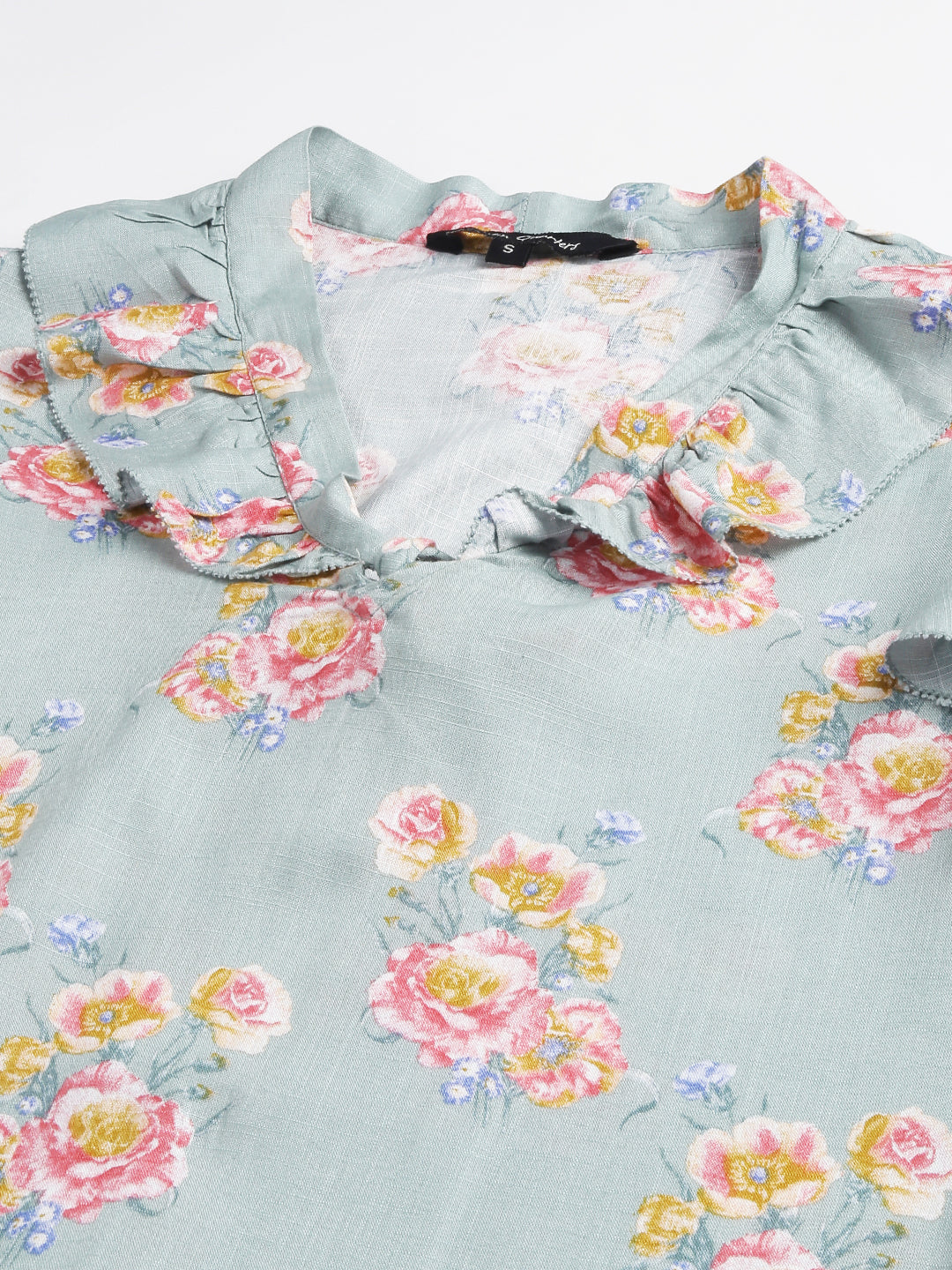 Blue Floral Printed Cap Sleeve With Tie Up Neck Top