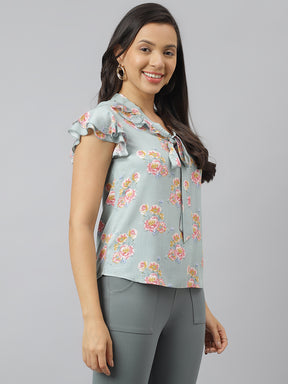 Blue Floral Printed Cap Sleeve With Tie Up Neck Top