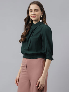 Green Cap Sleeves Embellished Top With Tie Up Neck