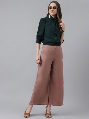 Green Cap Sleeves Embellished Top With Tie Up Neck