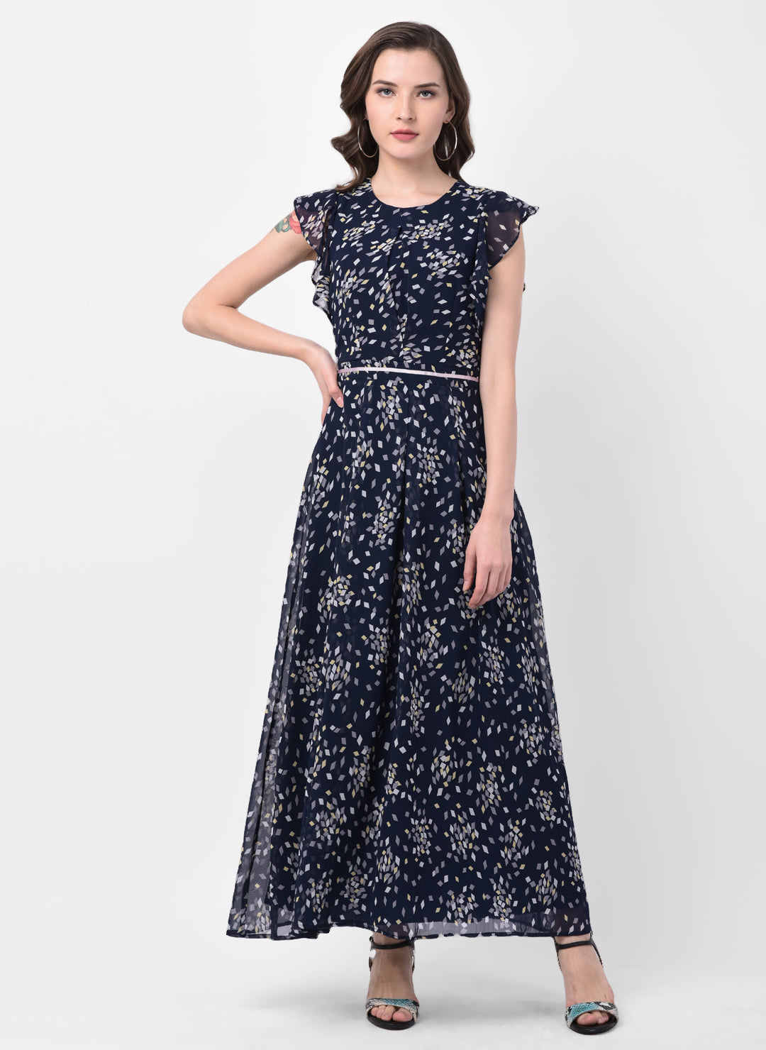 Blue Cap Sleeve Maxi Printed Dress