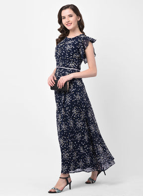 Blue Cap Sleeve Maxi Printed Dress