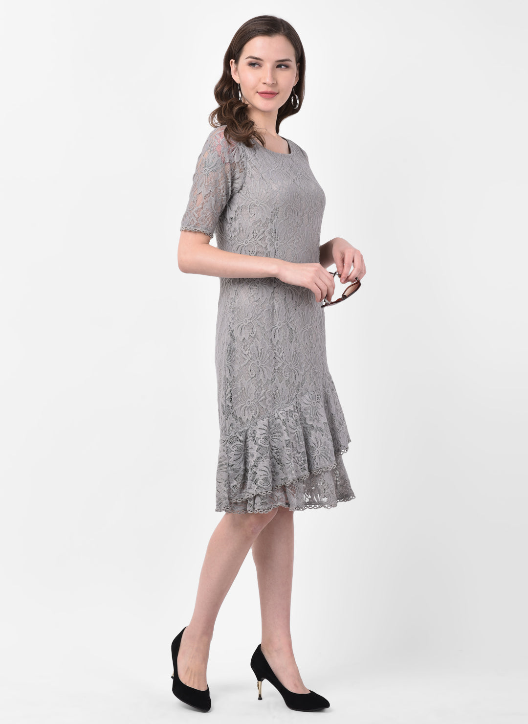 Grey Half Sleeve A-Line Dress